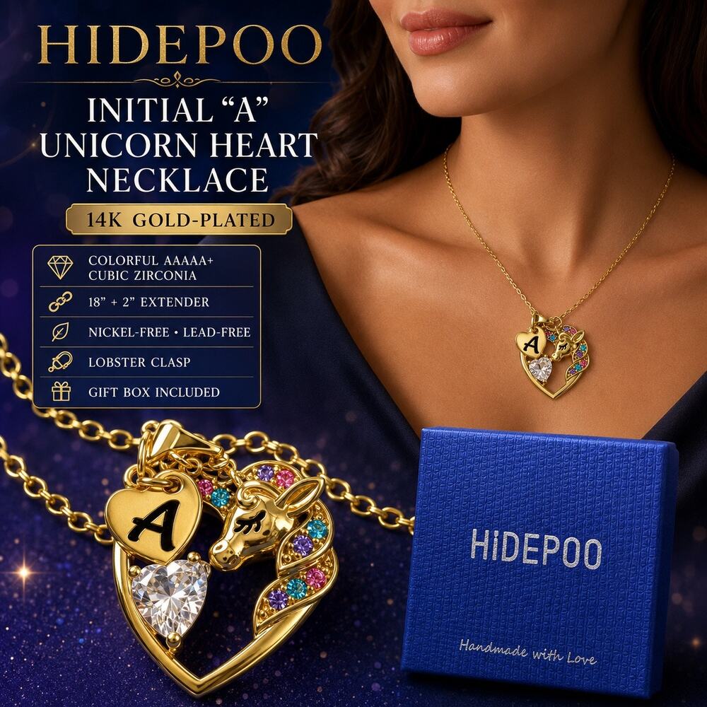 HIDEPOO Initial A Unicorn Heart Necklace 14K Gold-Plated CZ Gift Box